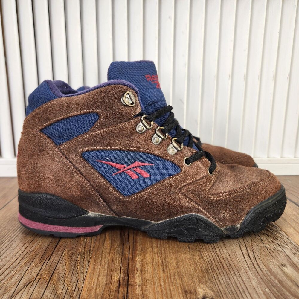 VTG 90s Reebok Hiking Boots Women's 8.5 Brown Suede Navy Outdoor Trail 26-23490